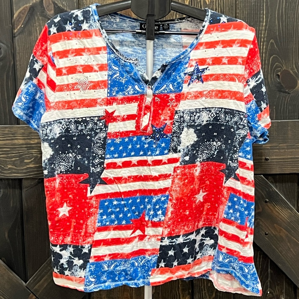 Onque Casual Patriotic Top 3X Stars Stripes Sequins Americana 100% Cotton Summer